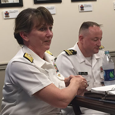 Vice Adm. Jan Tighe, commander of the Navy's U.S. Fleet Cyber Command, briefs reporters at the Pentagon on May 6. 